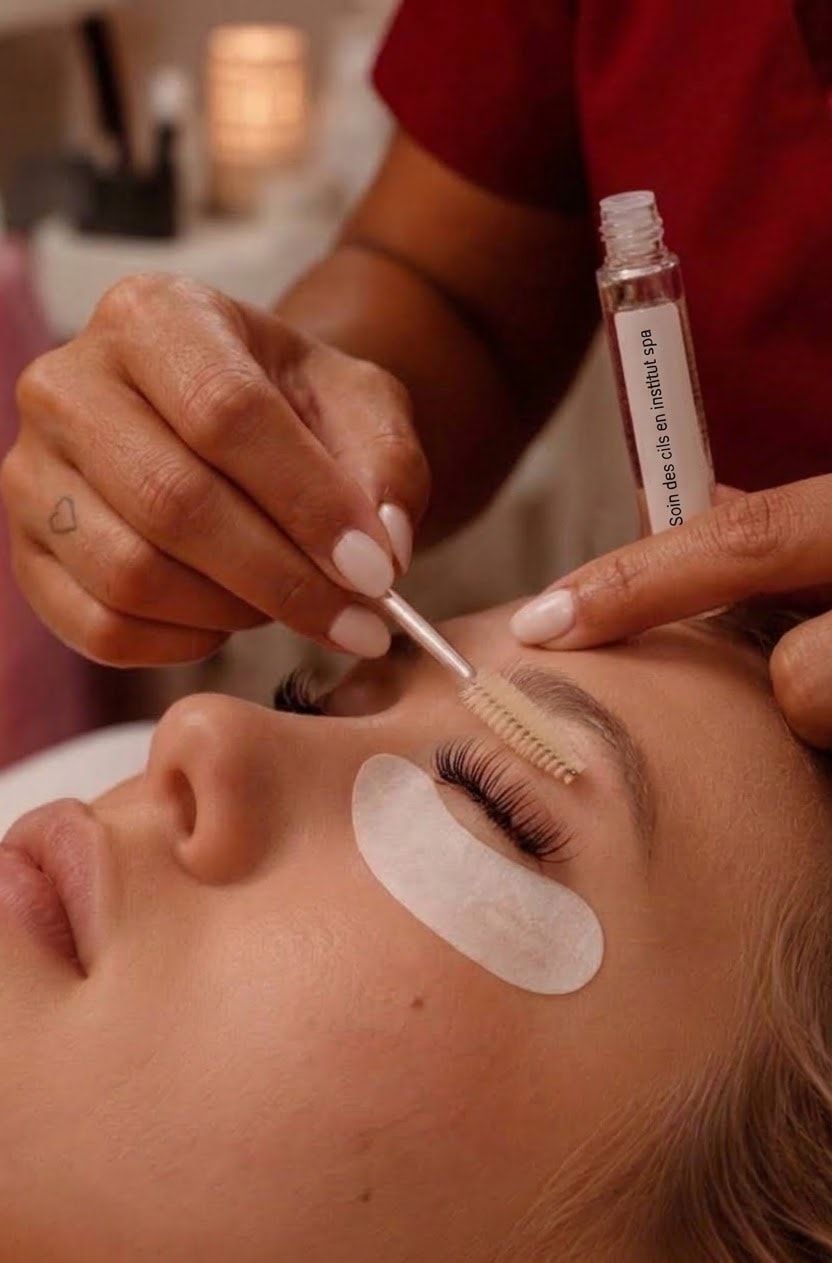 Réhaussement de cils en cours : le pinceau posé sur les cils, sous le patch
